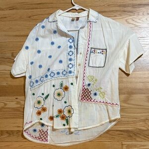Embroidered Patchwork Short Sleeve Button-Up